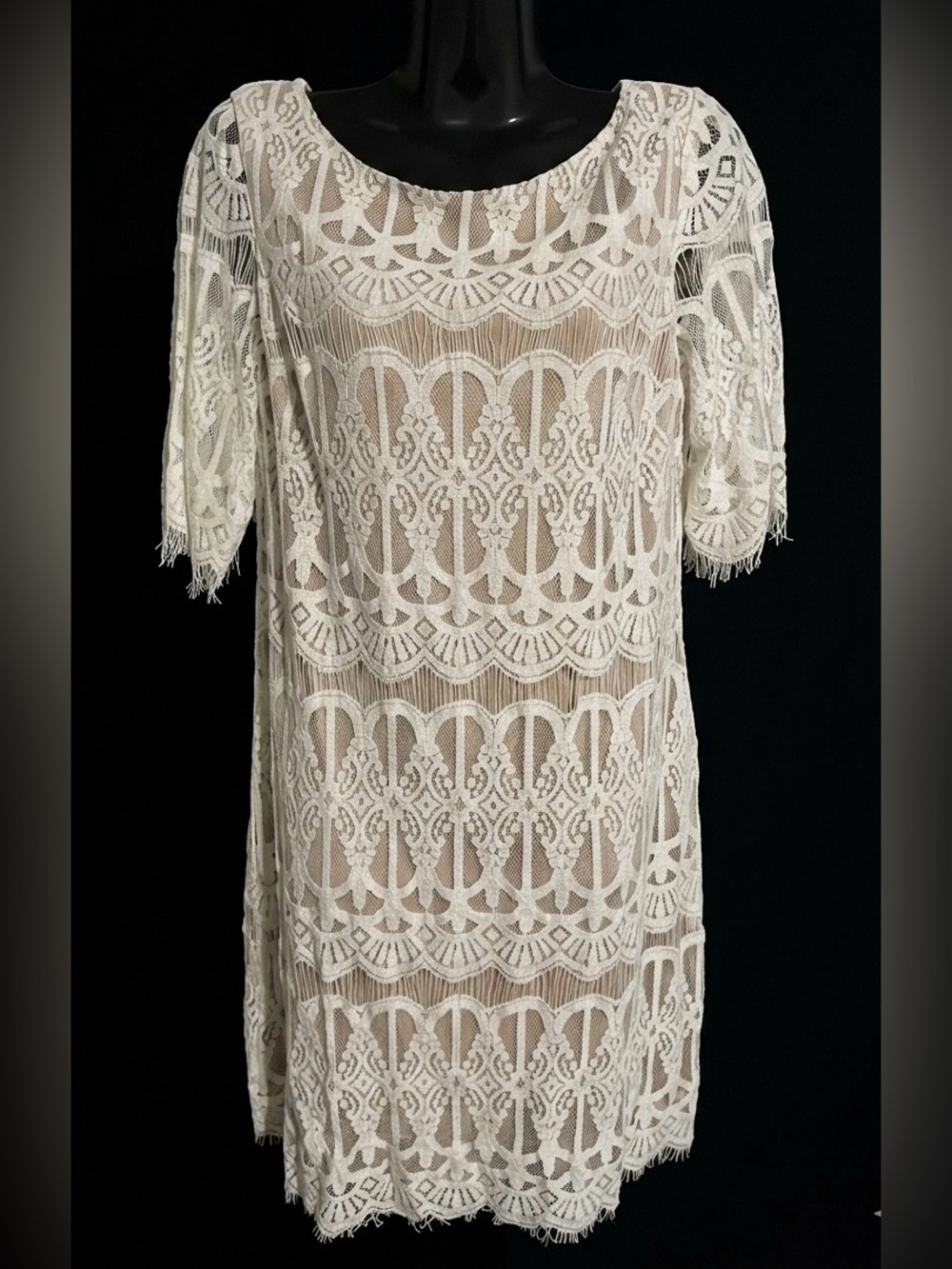 Dressbarn Cream White Geometric Overlay Lace Eyelash Hem Shift Dress 10